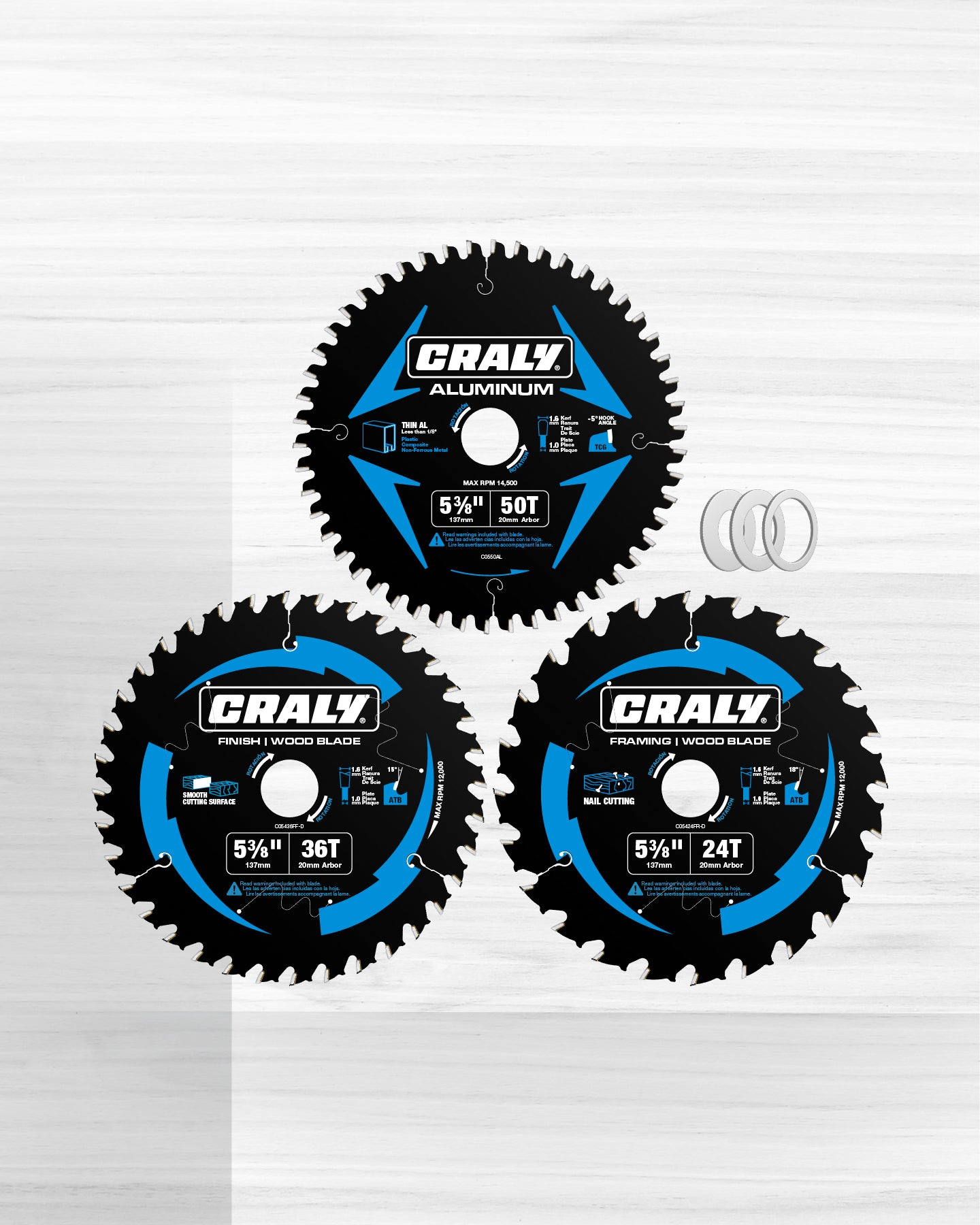 Wood — 5-3/8" 24&36T, Aluminum — 5-3/8" 50T, Arbor 20mm