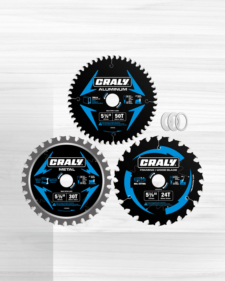 Wood — 5-3/8" 24T, Metal — 5-3/8"30T, Aluminum — 5-3/8" 50T, Arbor 20mm