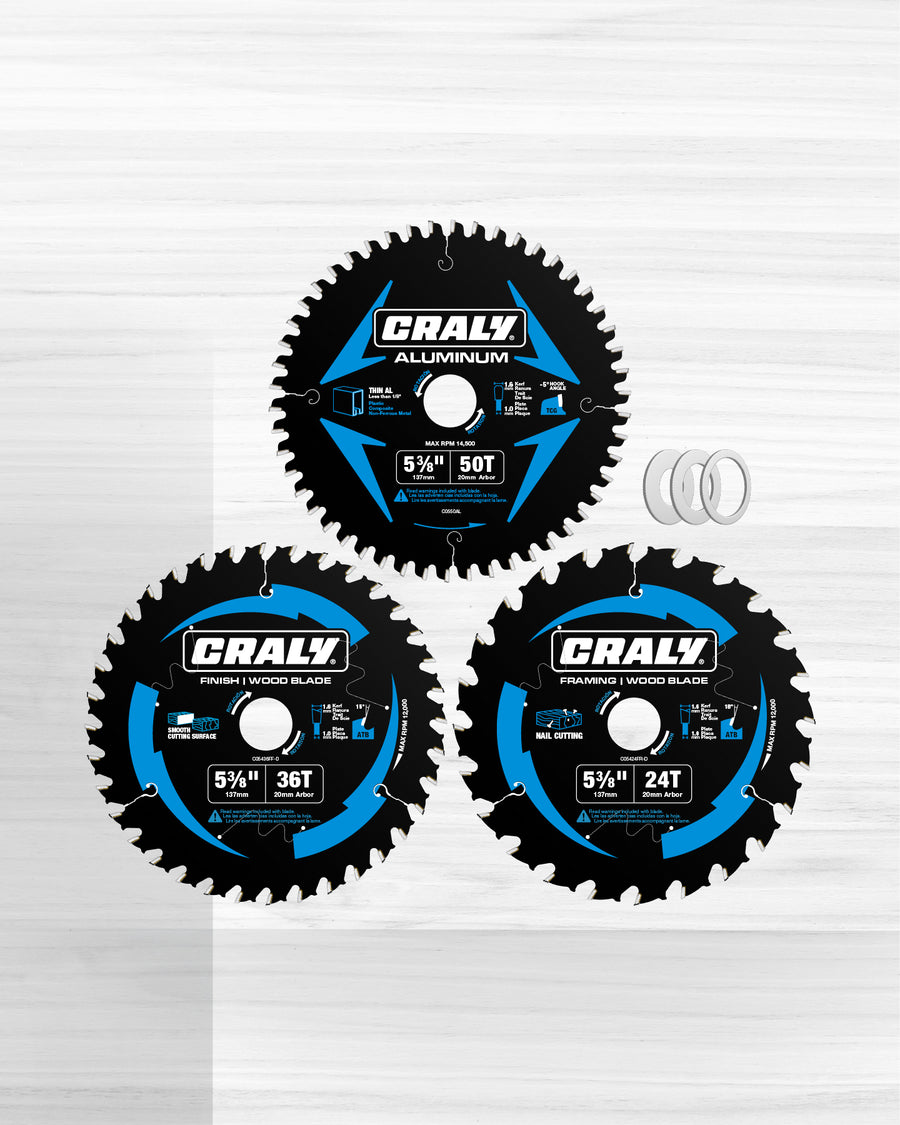 Wood — 5-3/8" 24&36T, Aluminum — 5-3/8" 50T, Arbor 20mm